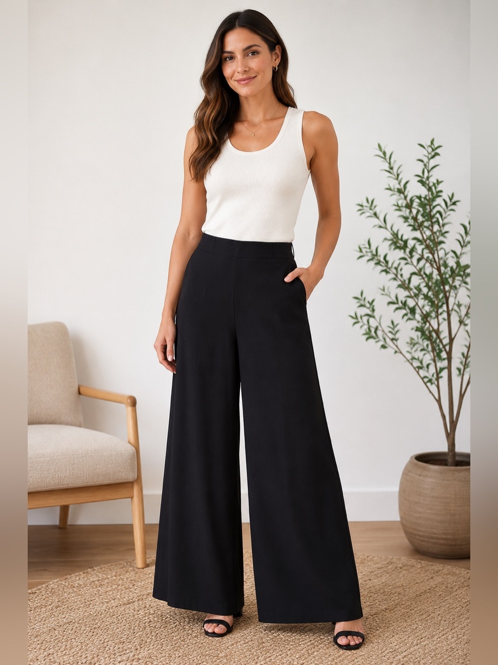 Doncaster Collection Black Silk Wide Leg Pants Tailored Sophisticated Elegant